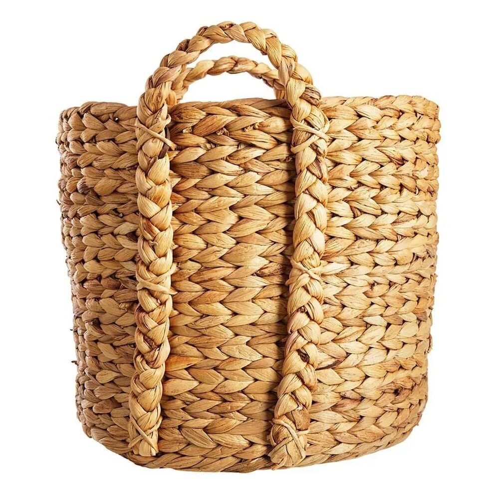 Braided Arrow Weave Round Storage Basket Two Handle Brown New 9" Dia x 9" H